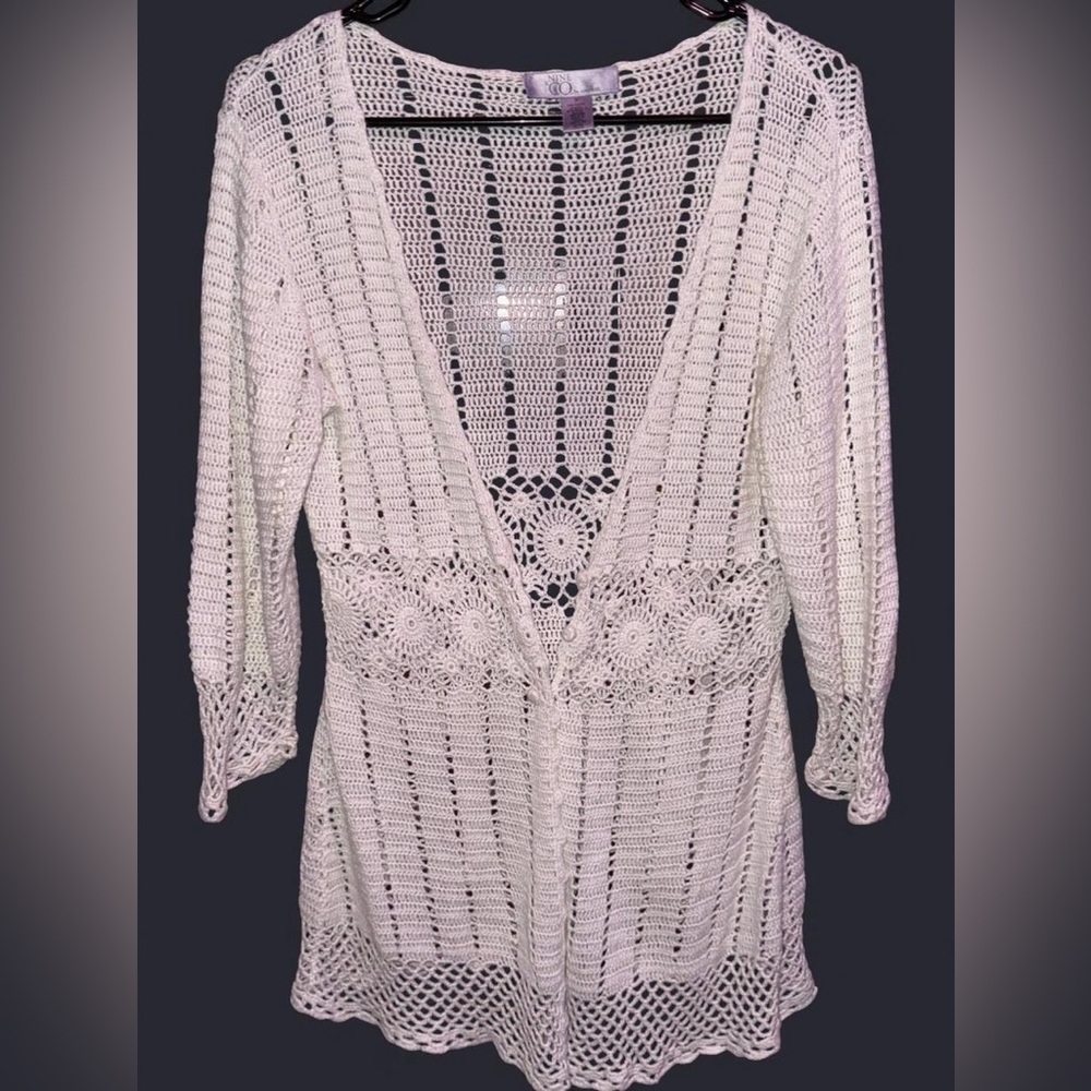 Nine & Co Nine West Medium White Crochet Knit Vintage Boho Cardigan Coverup Top
